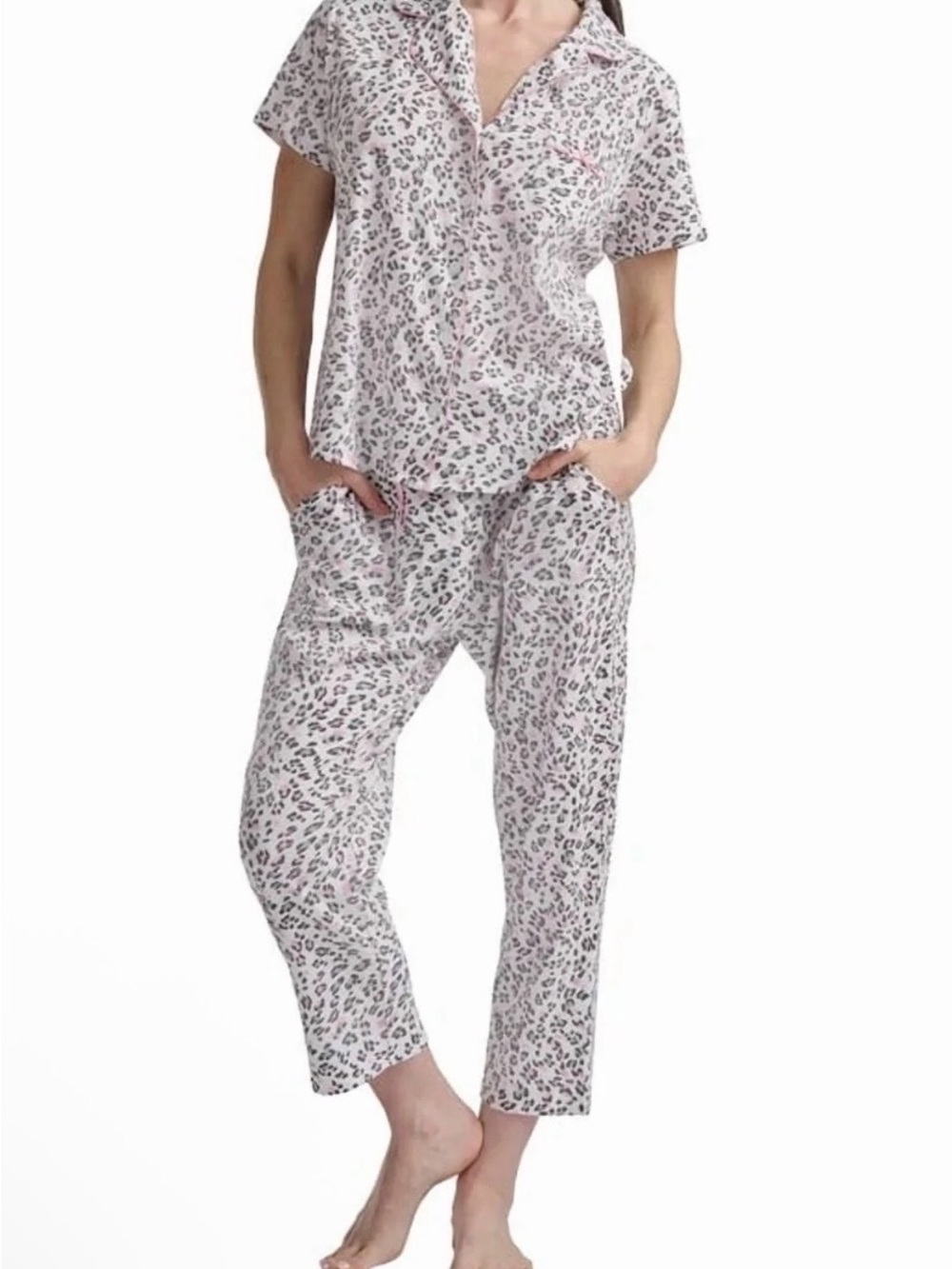 Karen Neuburger Pink and Gray Leopard Print 2-Piece Pajama Set